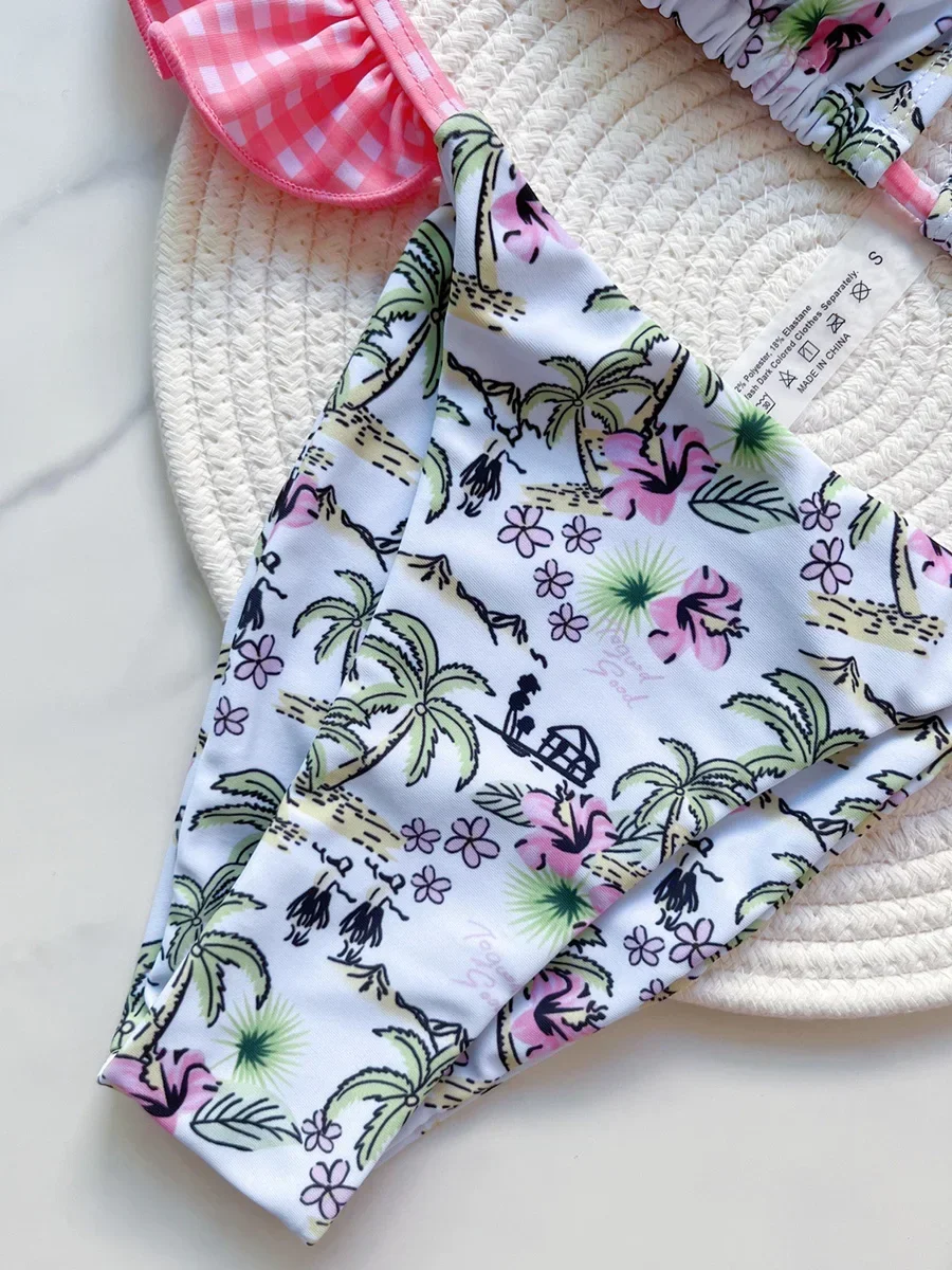 2025 с принтом, рюшами и оборками, бикини с высоким вырезом, женские купальники, женский купальник, комплект бикини из двух частей, купальный костюм, купальный костюм для женщин