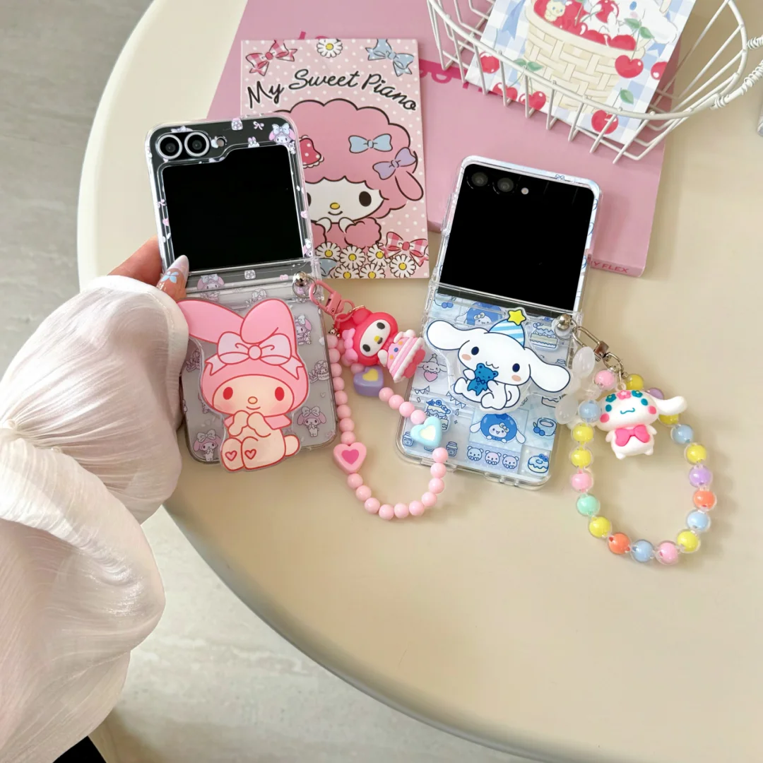 

Melody Cinnamoroll 3D mini Doll Beads Bracelet Case for Samsung Galaxy Z Flip 7 6 5 flip 3 4 zflip7 Hand Wrist Chain Hard Cover