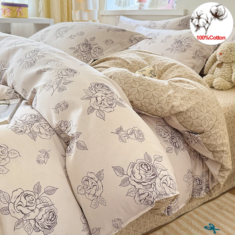 100% Cotton Duvet Cover Set Vintage Rose Floral Print Bedding Set 1 Duvet Cover 2 Pillowcases,Breathable Soft Anti-wrinkle