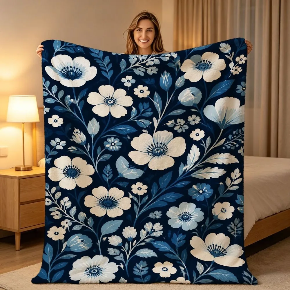 Fresh Botanical Print Throw Blanket Teal‑Base White Peach Wild Flower Leaf Branch Pattern Soft Warm Sofa Bed Blanket All Season