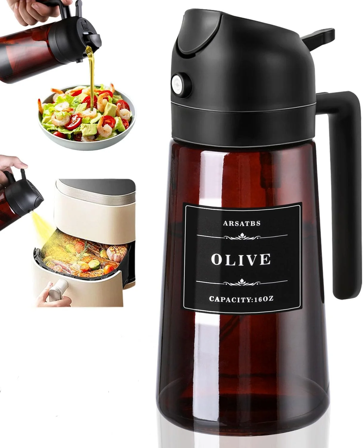 2-in-1 glazen oliedispenser en sproeier - 16oz / 470ml lekvrije olijfolie-spuitfles voor koken, luchtfriteuse, barbecue, bakken, salade