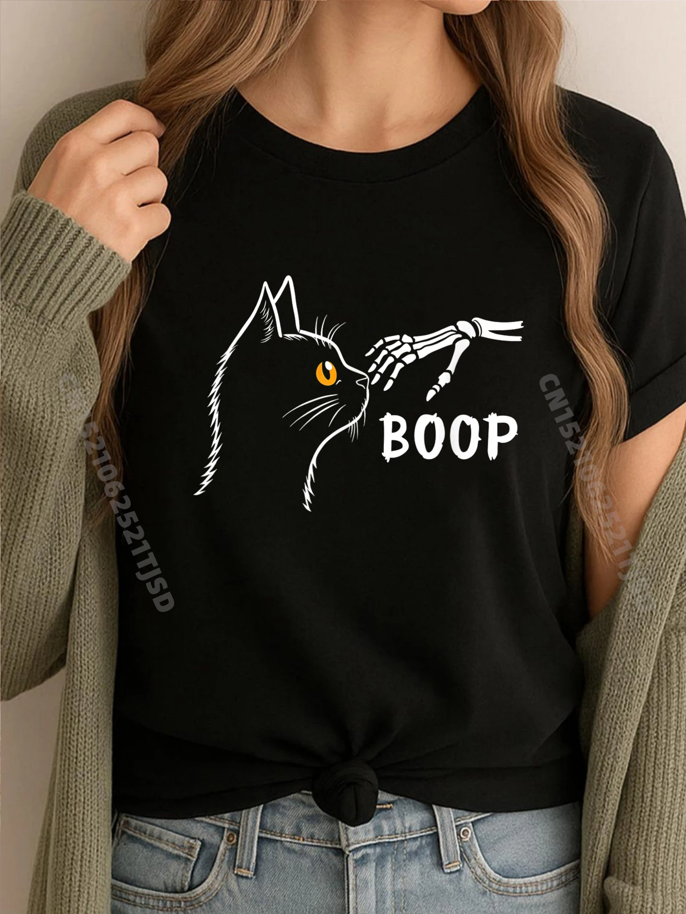 

Cat Skeleton Hand Boop Halloween Shirts Woman Graphic New Year England Style