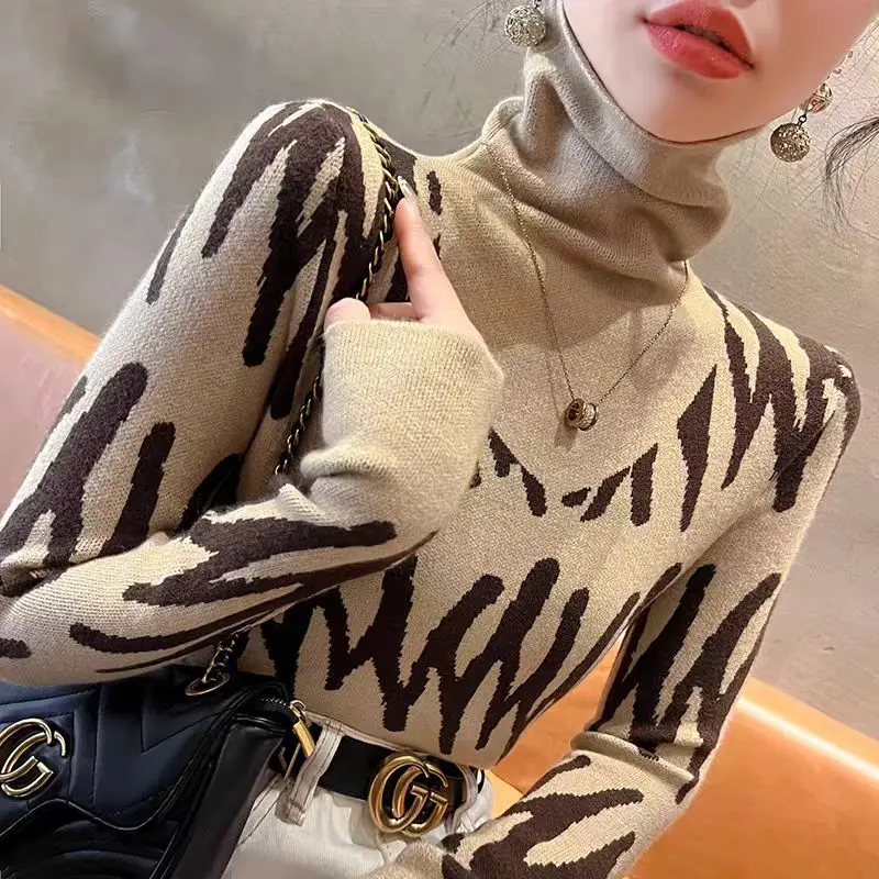 Women Clothing Elegant Chic Long Sleeve Turtleneck Turtleneck Autumn Winter Fashion All-match Slim Knit Pullovers Geometric Tops