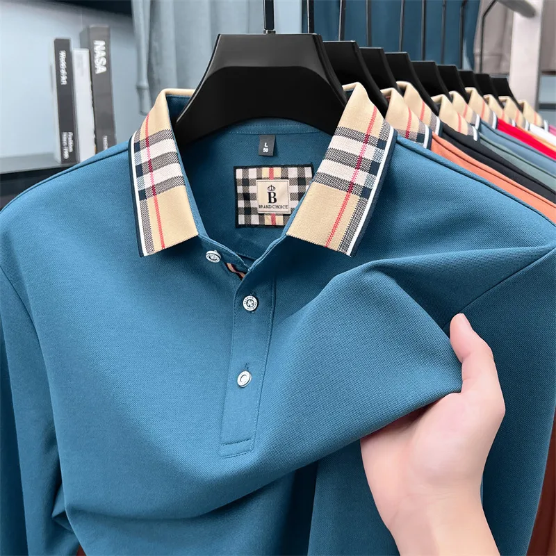 

Luxury brand long sleeve polo shirt men comfortable casual autumn item silk cotton high-end Korean fashion plaid lapel T-shirt
