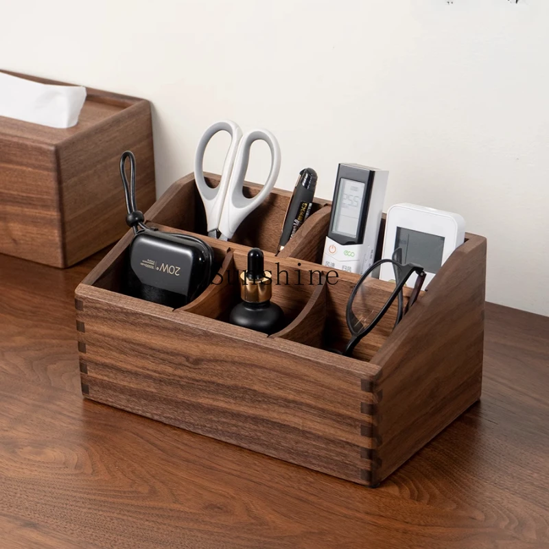 

Black walnut remote control storage living room office coffee table desktop sundries grid finishing box retro light luxury