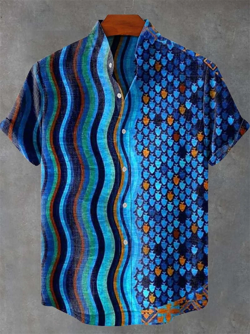 Men's Comfortable Linen Short Sleeve Shirt Fashion Casual Top 3D Wave Print Symmetric Pattern Summer