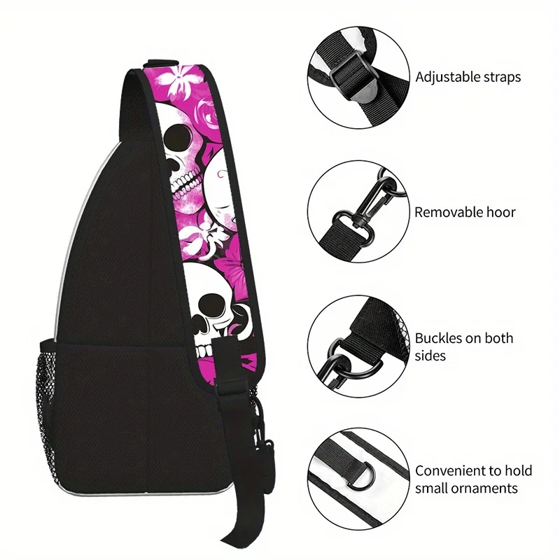Adjustable Crossbody Sling Bag with Skull Floral Design Stylish Black Waist Pack for Men & Women, Perfect for Outdoor