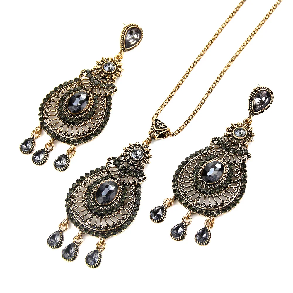 Sunspicems Vintage Turkish Jewelry Sets Big Earring Necklace For Women Retro Gold Color Bohemia Ear Pendants Chocker Sets Gift