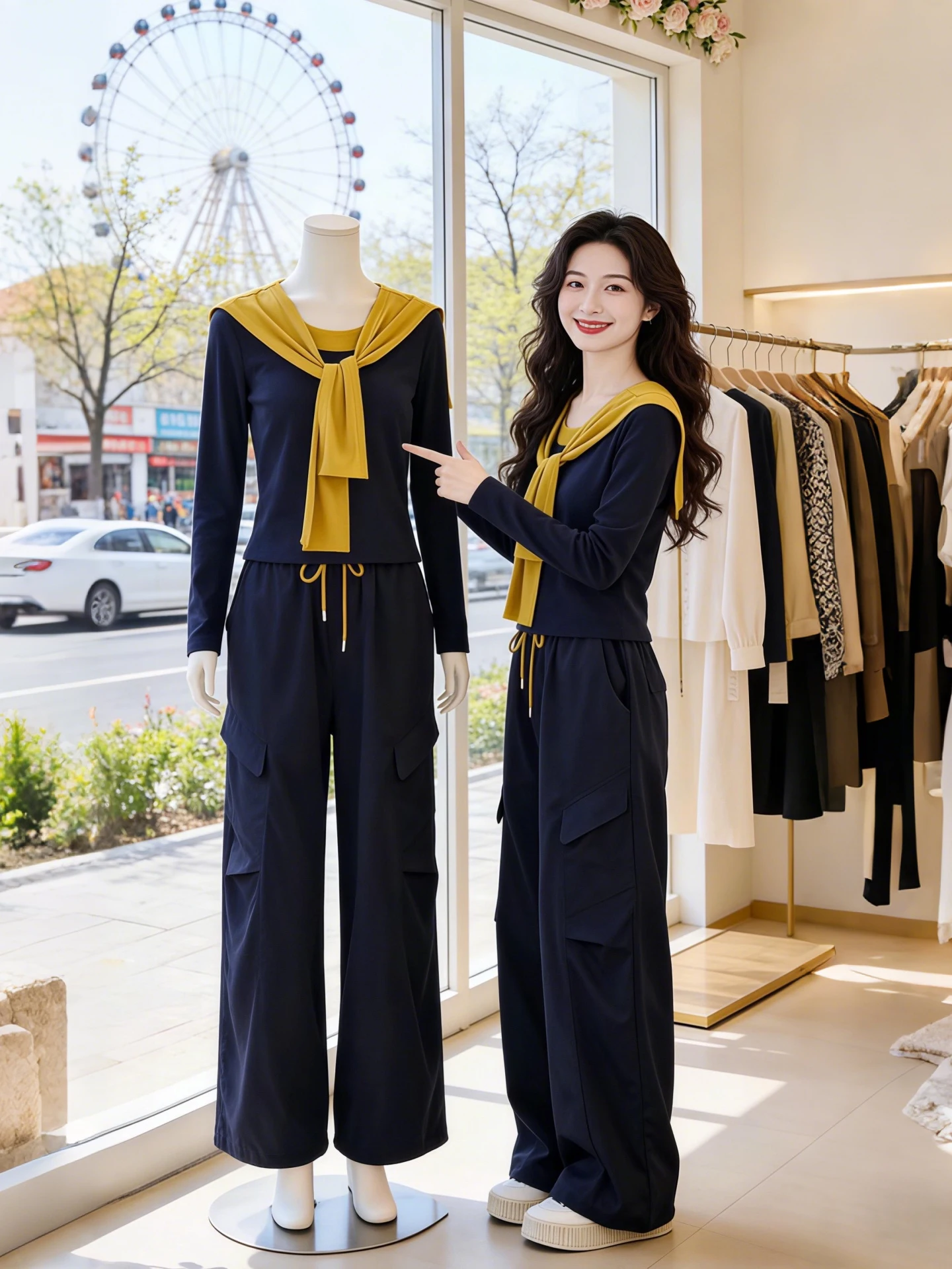 

Spring 2026 New Color Block Shoulder Wrap Top And Pants Two Piece Set Casual Commute Style Women's Fashion Ensemble