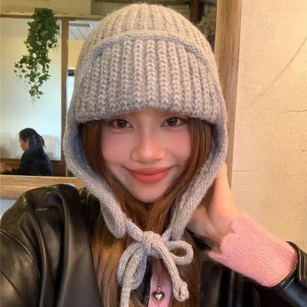 Gestrickte Beanie-Mütze mit Ohrenklappen, warme Wintermützen für Damen, einfarbig, im Bomber-Stil, koreanische lässige Baggy-Mütze, Ohrenschutz