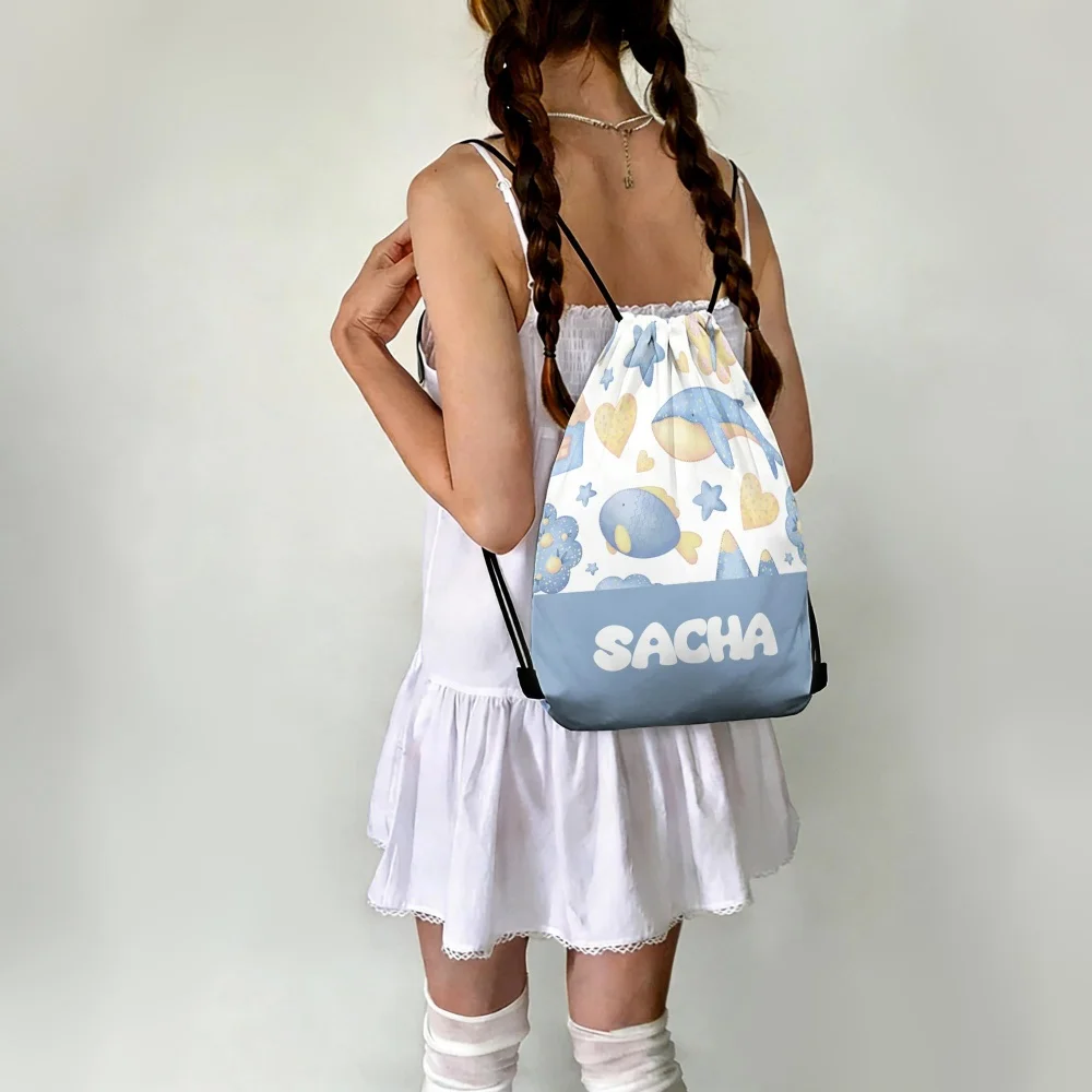 1Pc Custom Name/Text Drawstring Bag, Ocean Animal Pattern Storage Pouch, Lightweight Sports Backpack, Ideal for Beach Outings