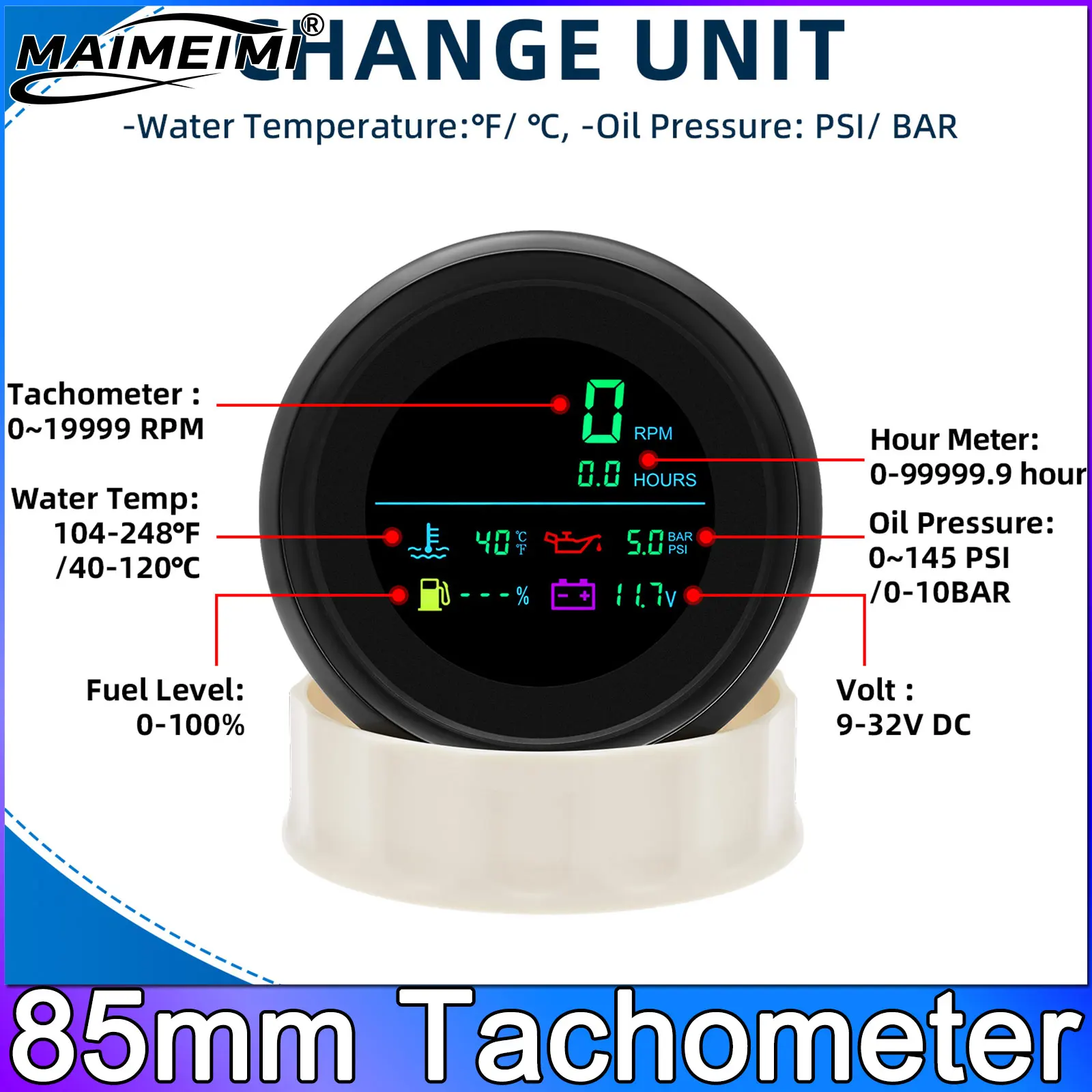 

85mm LCD Digital 6 in 1 0-19999RPM Tachometer+Hourmeter+Water Temp +Fuel Level+Oil Press+Voltage Car Gauge Multi-Function Meter