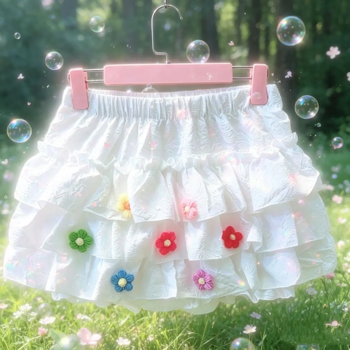 Kawaii Tiered Cake Mini Skirt 3D Crochet Flowers Elastic Waist Built-in Safety Liner Women Coquette Frilly Flowy Short Skirt