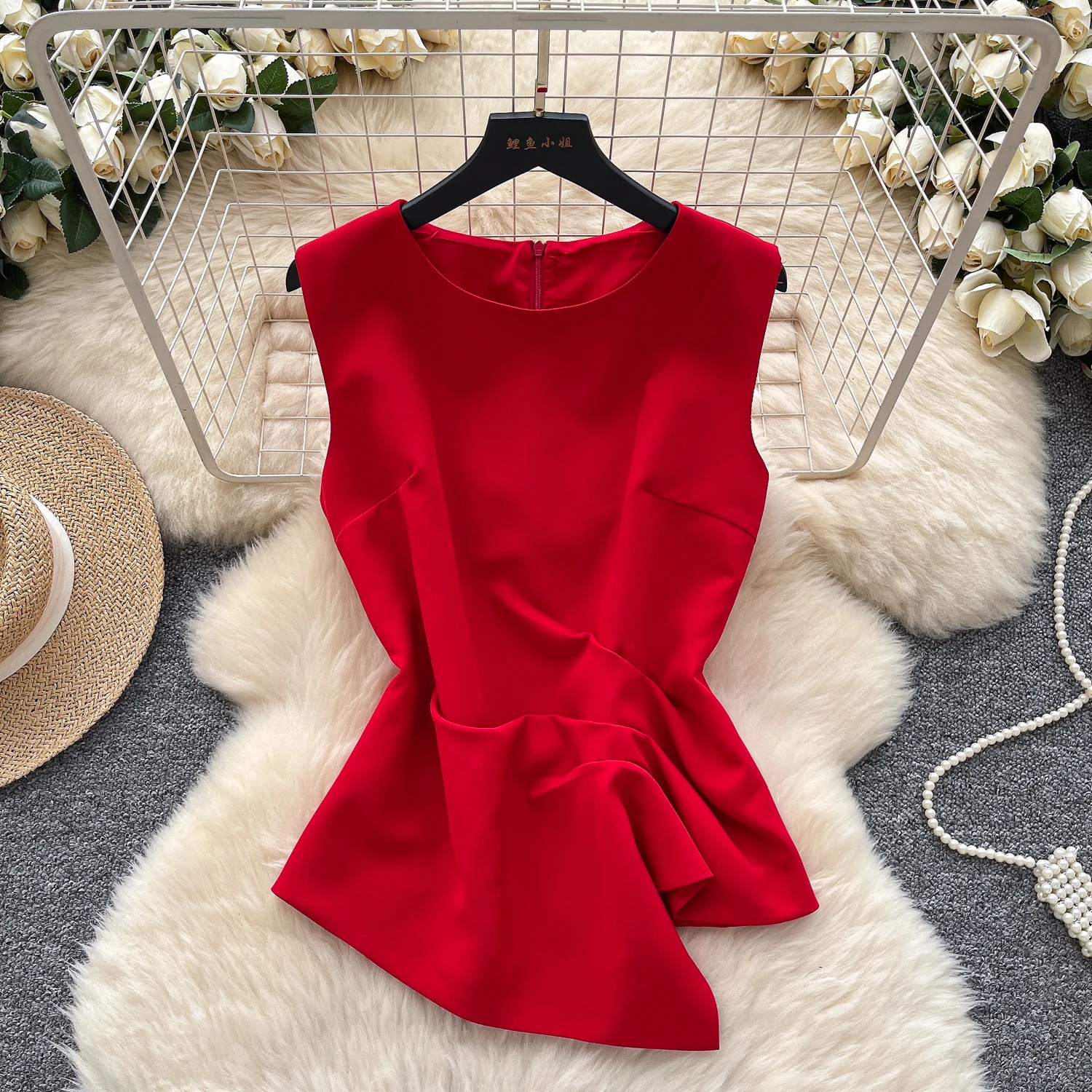 

Vintage Elegant asymmetrical sleeveless Blouse French Shirt Casual Chic Top Fairy Summer Women Clothing