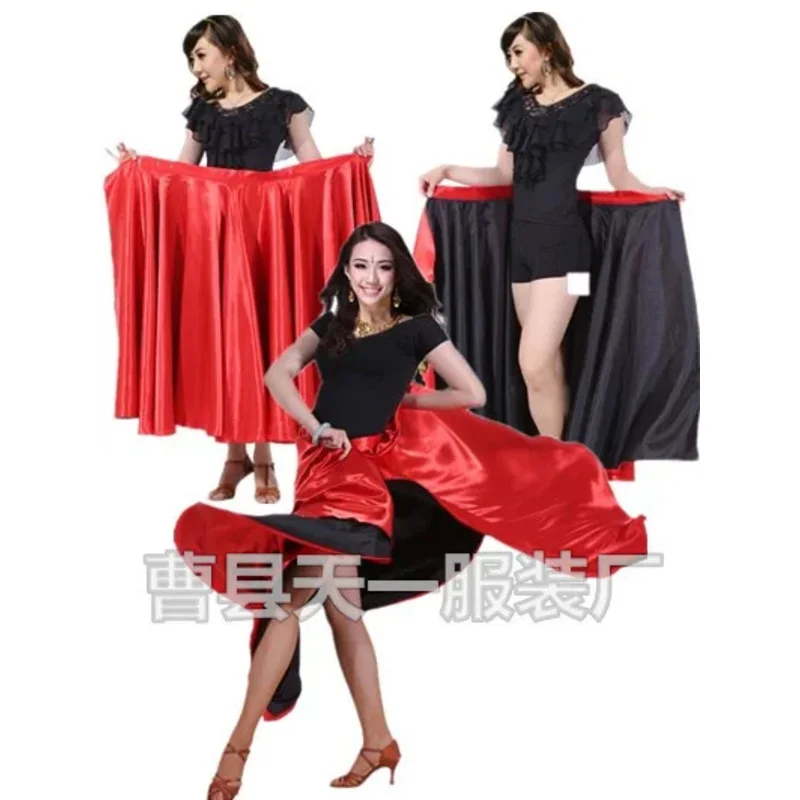 Performance Dancing Clothing Women Red Black Hook Loop Spanish Flamenco Skirt Plus Size Female Gypsy Girls Satin Silk Dress