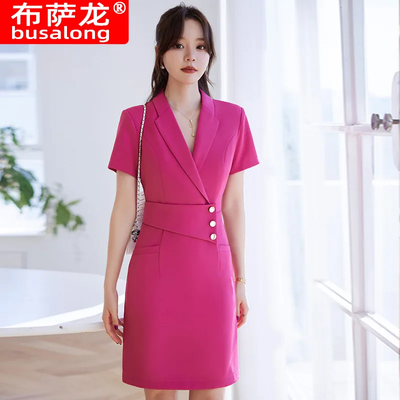 

Платье с коротким рукавом, элегантный профессиональный костюм с юбкой, отель, салон красоты, спецодежда, утягивающая деловая одежда для сотрудников, модная женская одежда