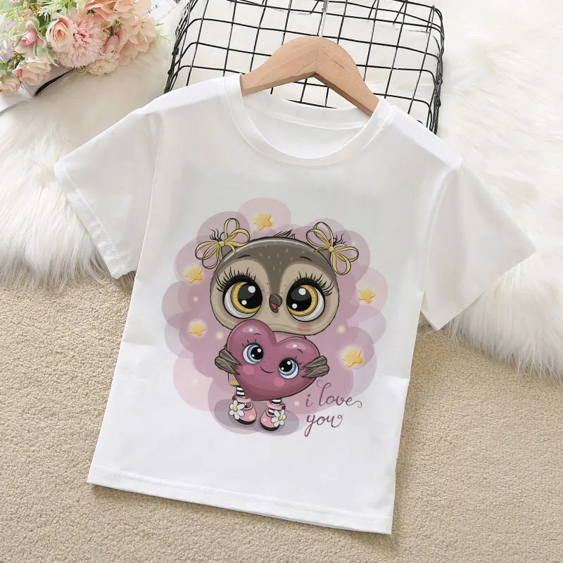 Letnie ubrania dla dziewczynek dzieci kreskówka sowa T-Shirt z nadrukiem 24M-9T dziecko Kawaii z krótkim rękawem Top dzieci ubrania cienki odcinek nosić