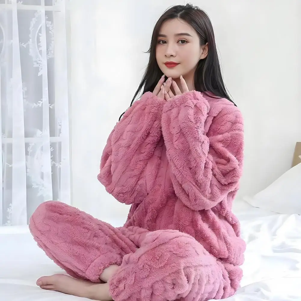 Women Two-piece Pajama Set Cozy Coral Fleece Winter Pajamas Set for Couples Thickened Homewear Loungewear Nightwear Set with Top