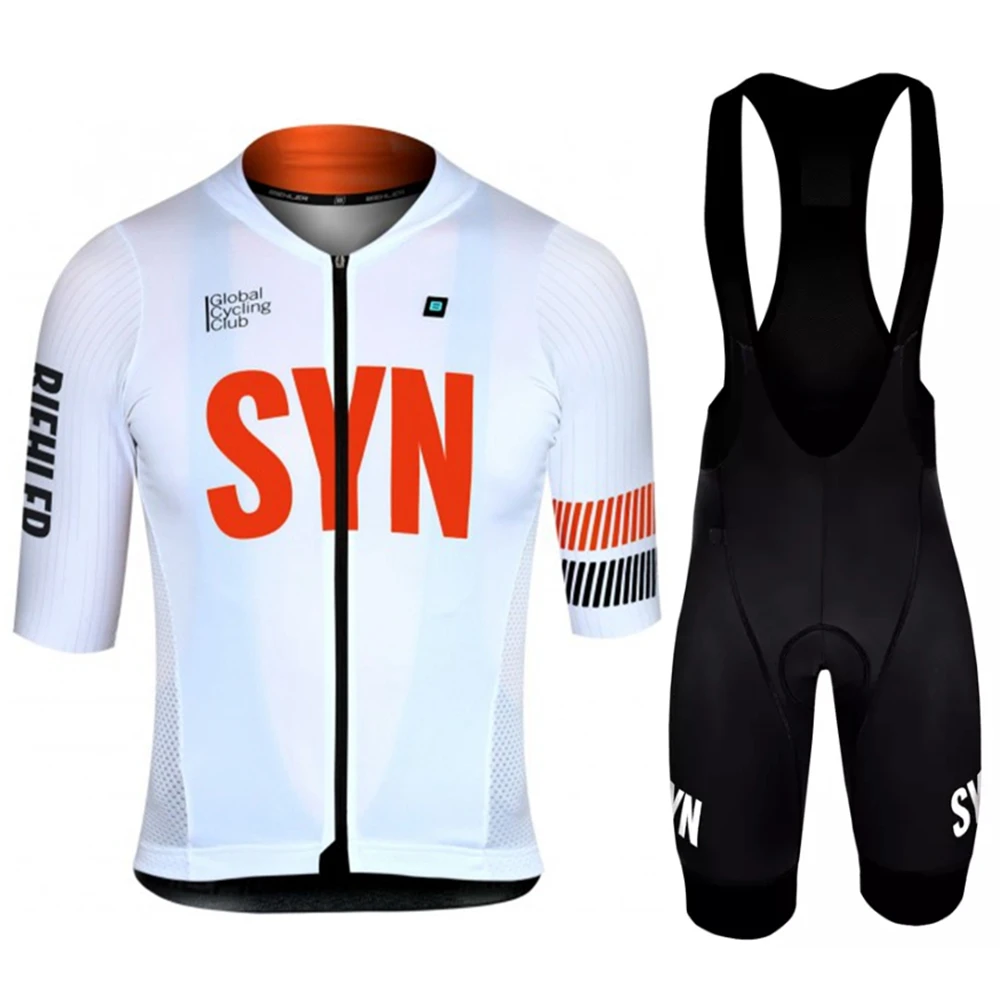 White Syn Summer Set da ciclismo da uomo traspirante e confortevole maglia a maniche corte e pantaloncini con bretelle Logo rosso abbigliamento MTB