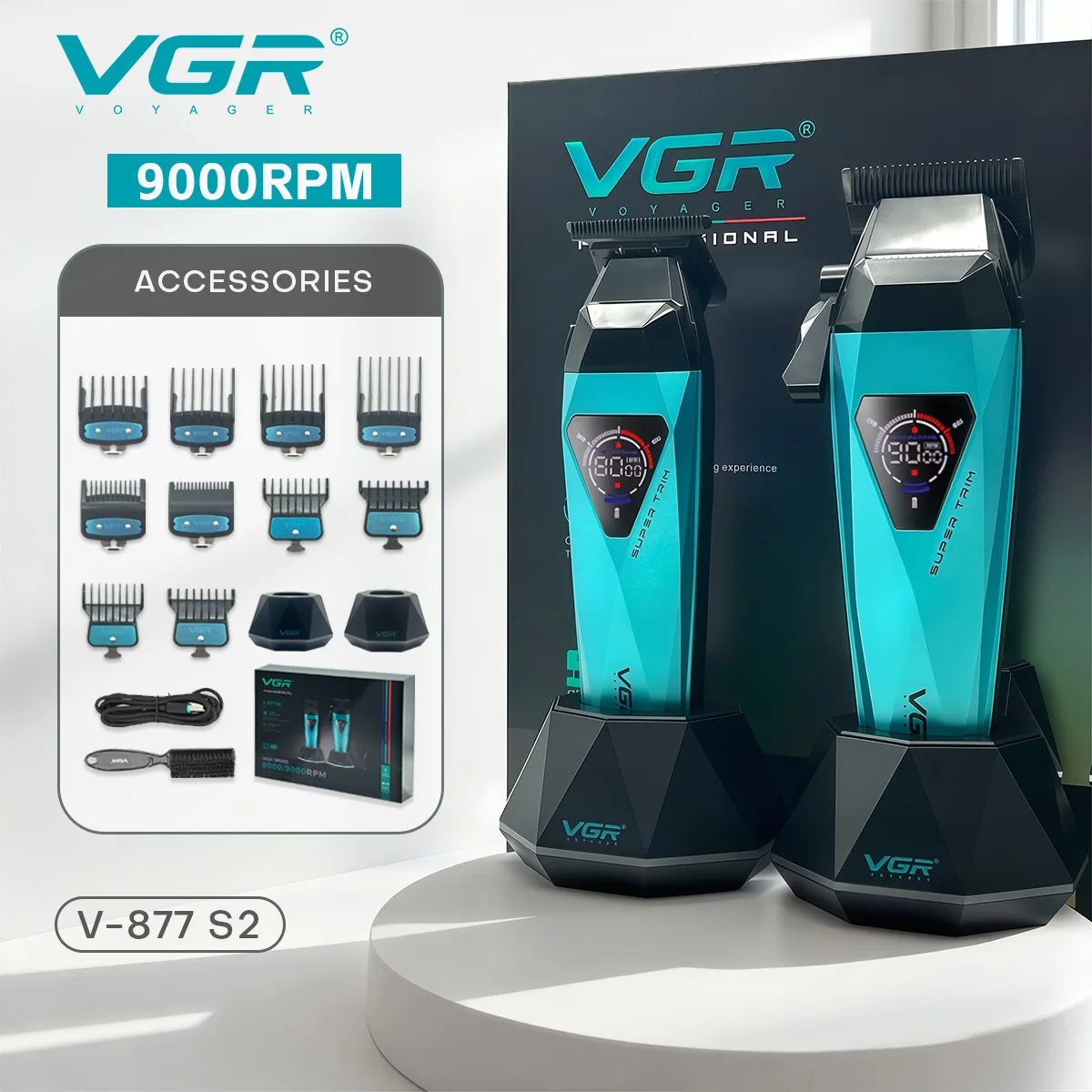 VGR Hair Trimmer Electric Hair Cutting Machine Professional Hair Clippers Cordless Barber Combo LED Trimmer for Men V-877 S2