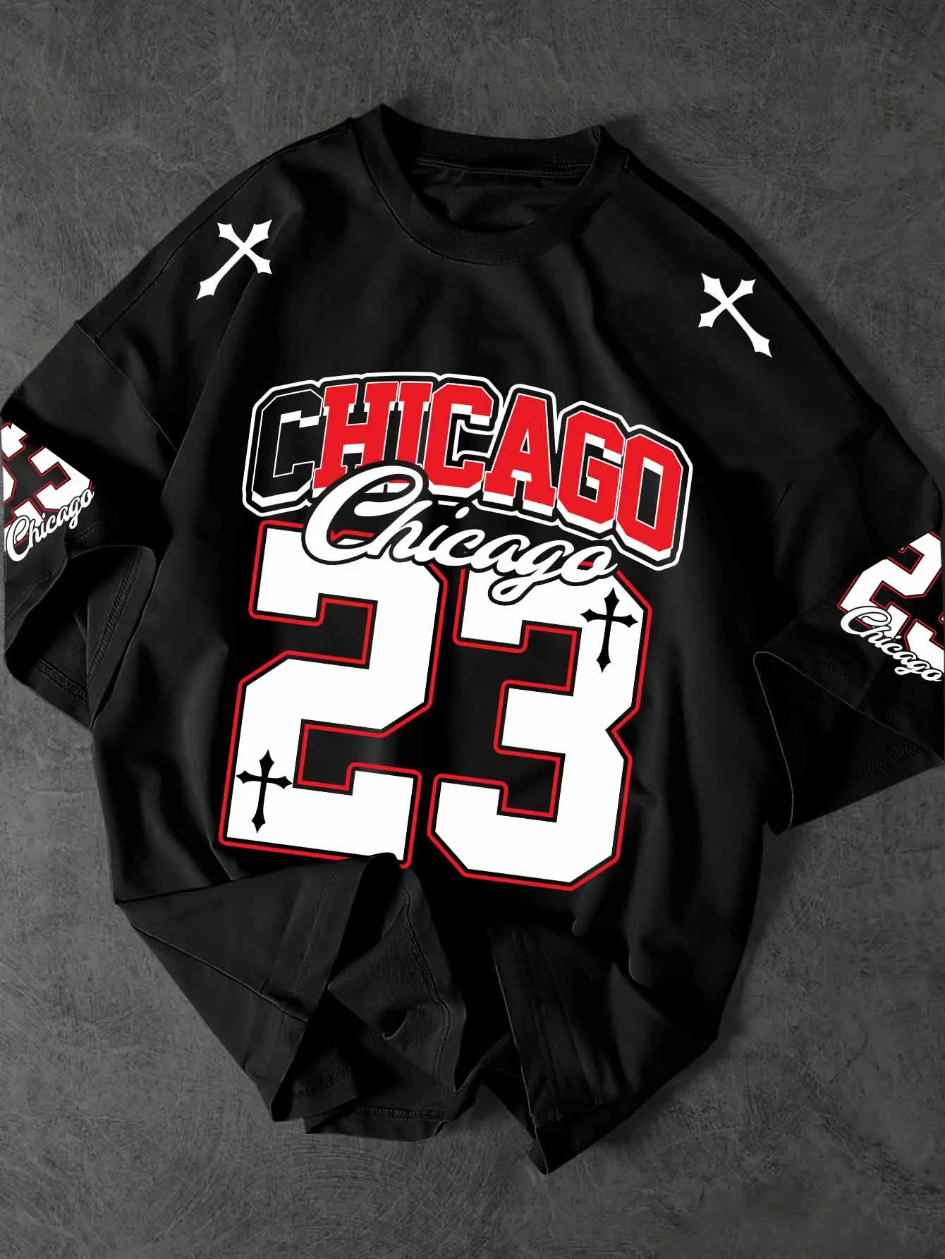 Gothic Chicago 23 Print Long Sleeve T Shirt Men Streetwear Hip Hop Cross Graphic Oversized Tee Casual Fashion Tops