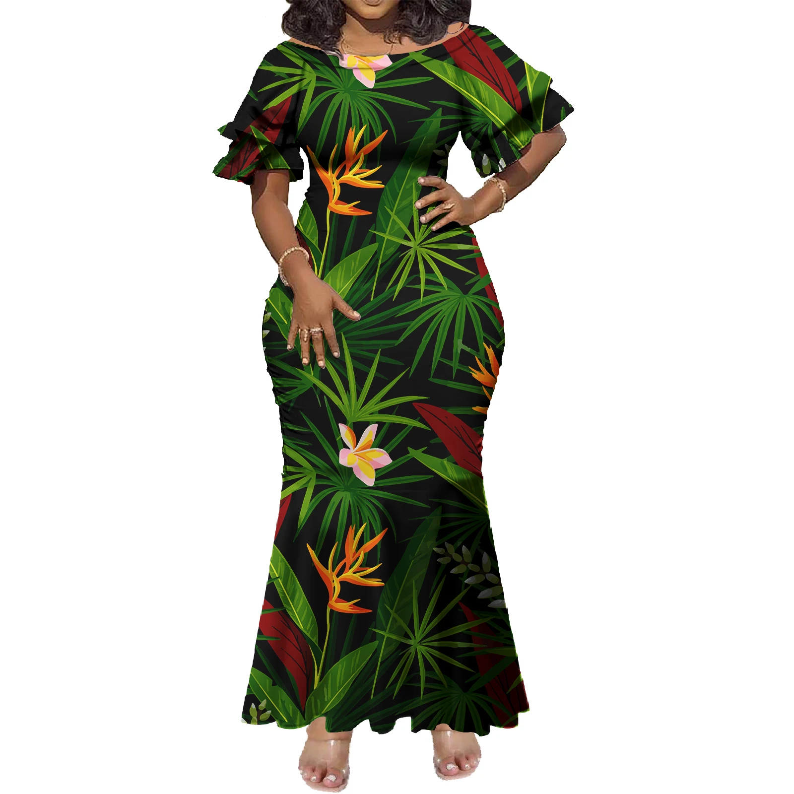 Customize Pacific Island Art Trumpet Mermaid Dress Polynesian Short Sleeve Fishtail Dress Plus Size Womens Dresses