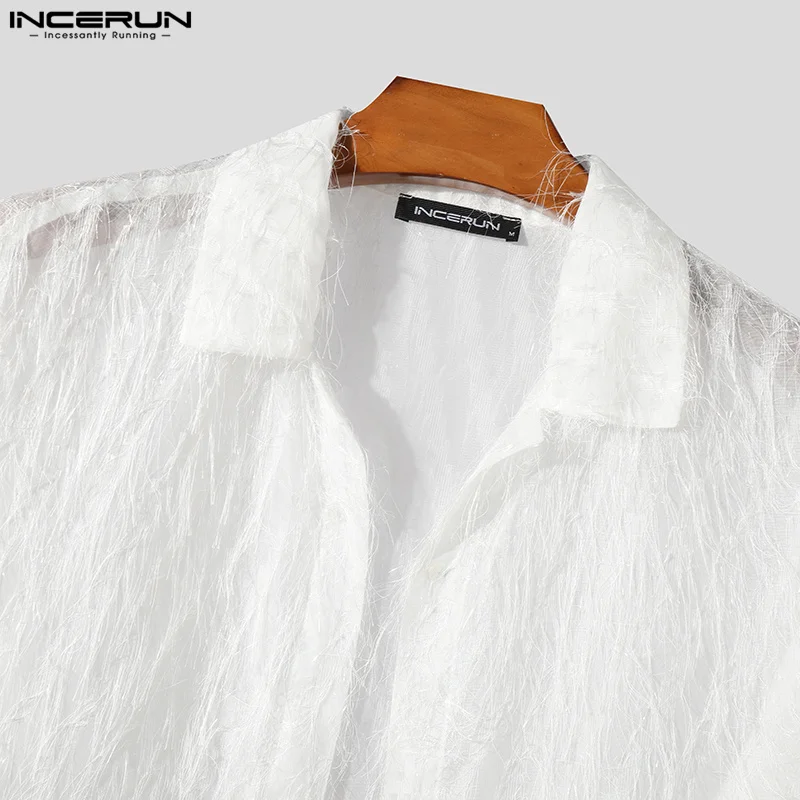 INCERUN-Chemise en mousseline de soie à pompons pour hommes, revers transparent, manches courtes, streetwear sexy, vêtements d'été, mode de fête, 2024