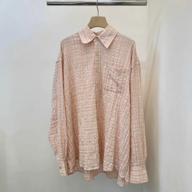 

Paris Street European Size Oversized OUR LEGACY Shirts Pink Bubble Folds Texture Grid Long Sleeved Tops Men Women Cleanfit