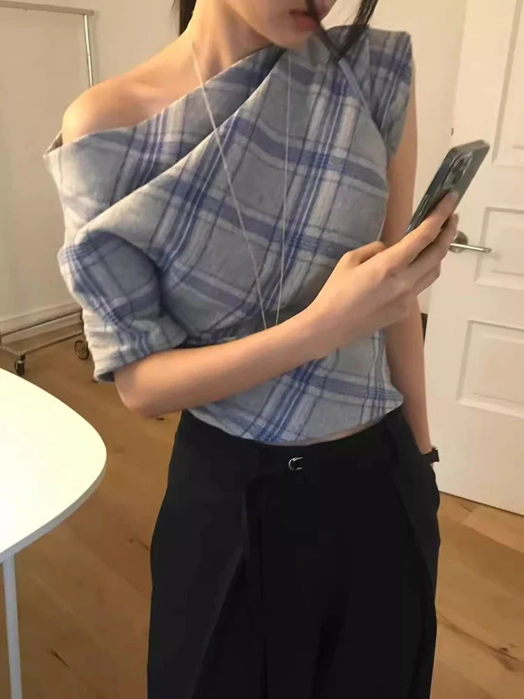 Sommer Neue Retro frauen Plaid irt oulder Exposition Unregelmäßigen Schrägen Kragen Vielseitig Top Koreanische Sle Slim Fit ort Sve