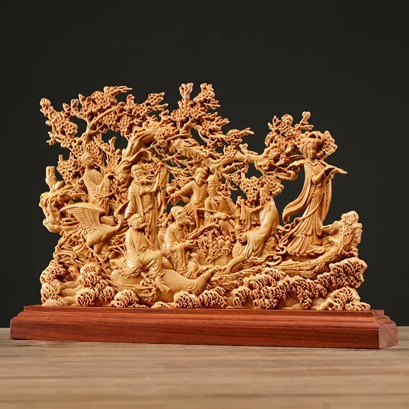 High 33CM Thuja Hollow Wood Eight Immortals Sculpture Decor Carving Lucky Home Decor Gift
