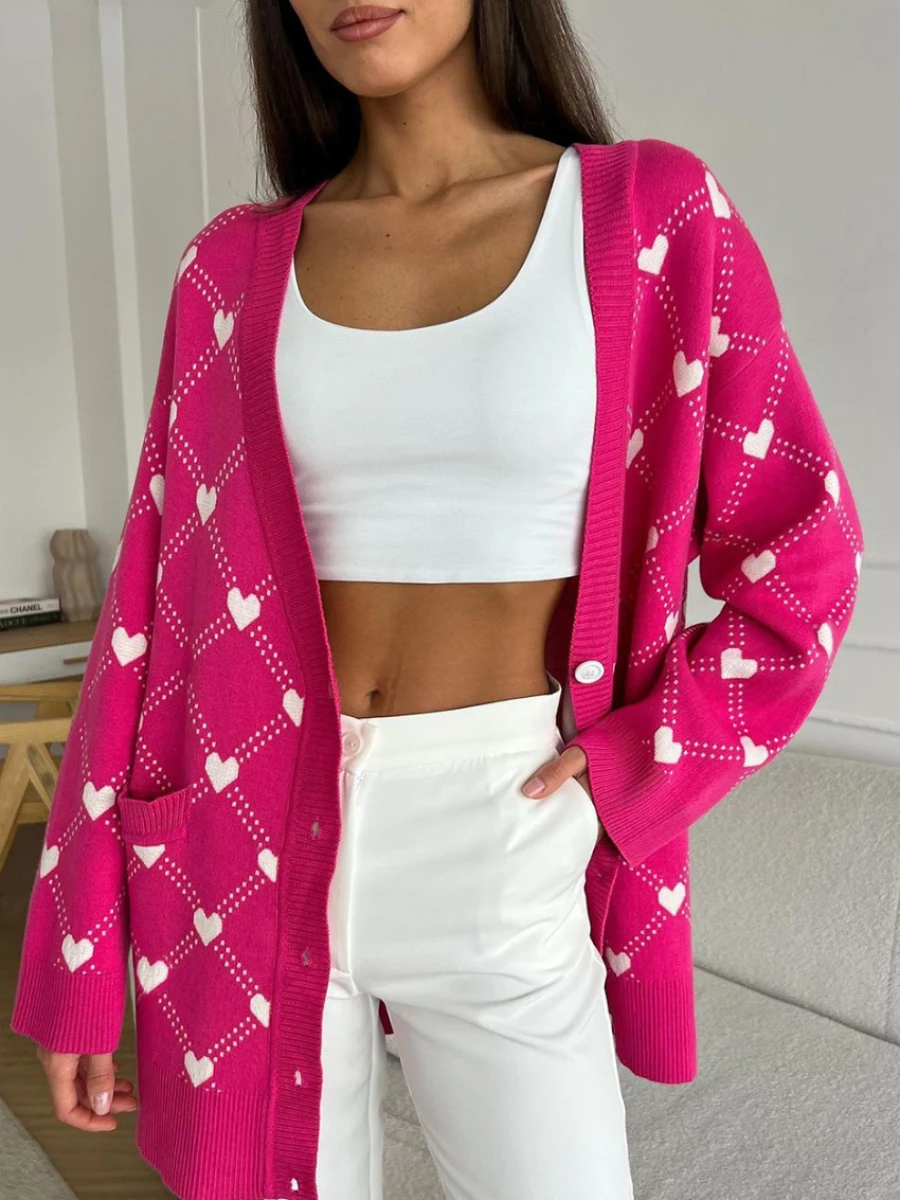 Wolfeel Women Pink Hearts Print Oversize Cardigan Soft V-neck Thiick Knitted Jacket Winter Button Vintage Cardigan for Women