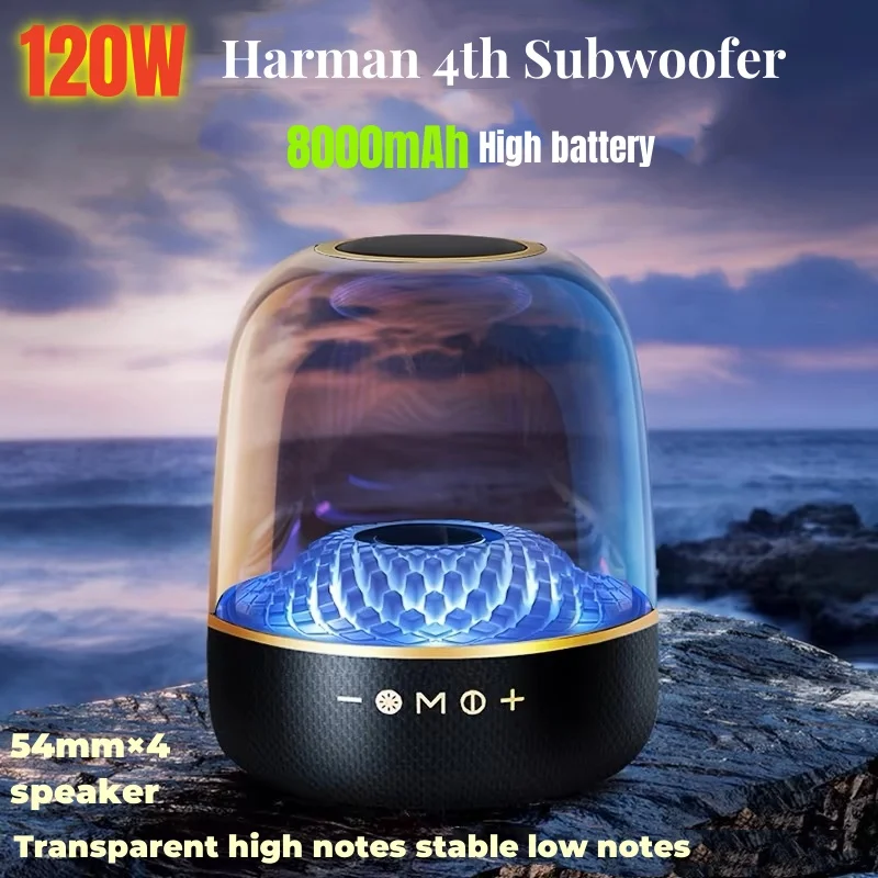 120W High Power Bass Music Box Harman 4th Full Screen Transparent Caixa De Som Bluetooth Speaker 9D Surround Sound Column TWS/TF