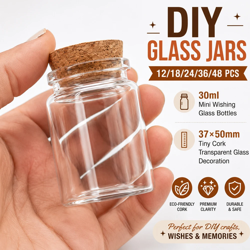 DIY Glass Jars 12/18/24/36/48 PCS 30ml Mini Wishing Glass Bottles Cork 37*50mm Tiny Cork Transparent Glass tube Decoration