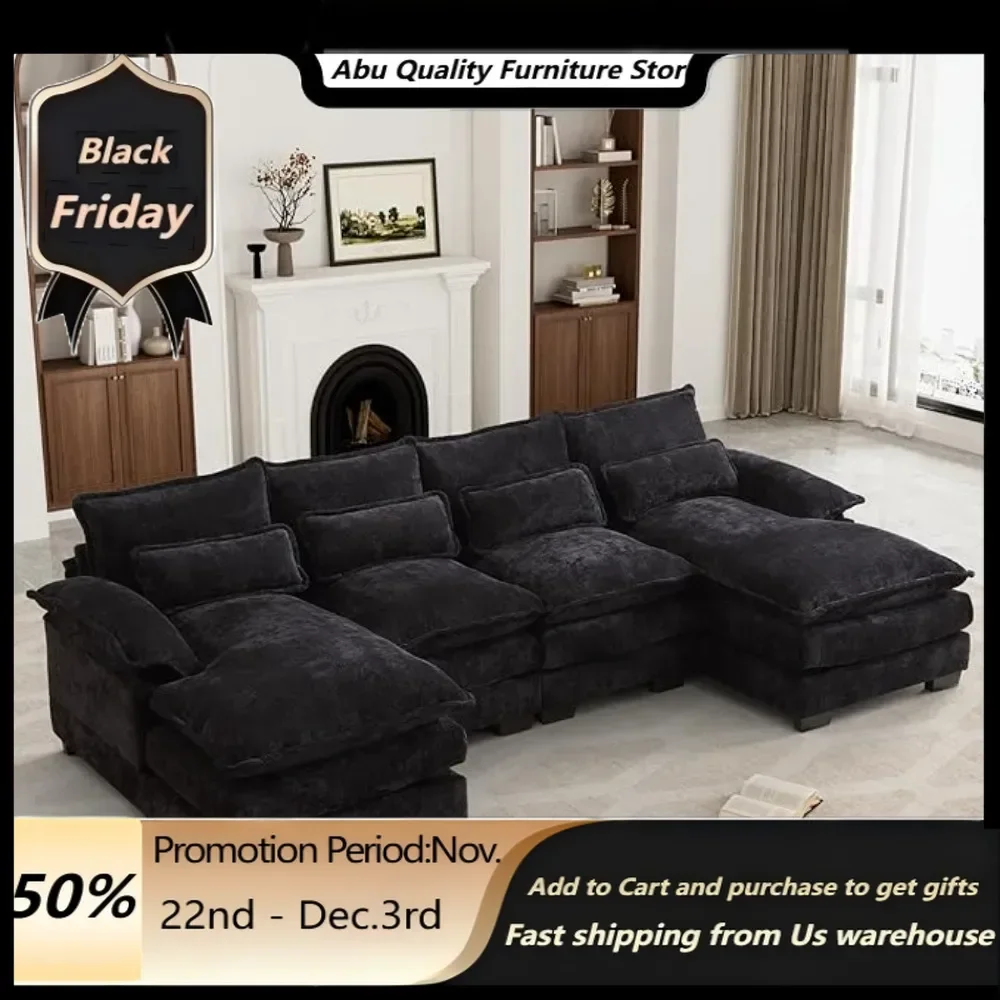 

110" U Shape Sectional Cloud Couch,Modern Chenille Comfy Modular Sofa, 4 Seat Sleeper,Double Chaise,Black Living Room Sofas