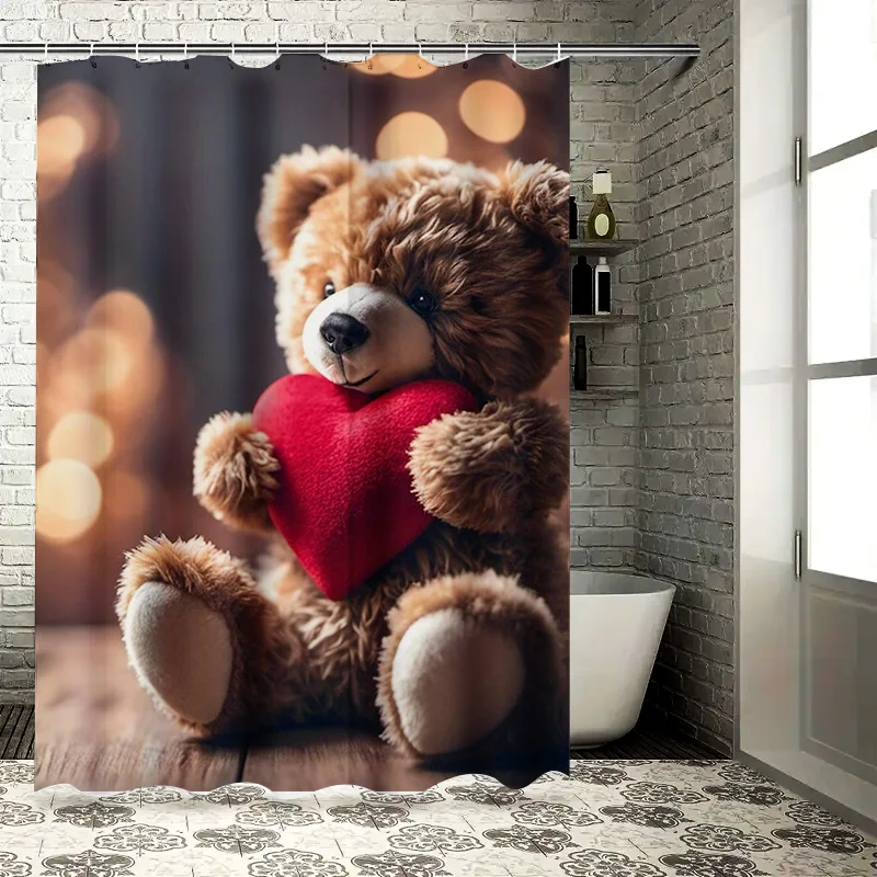 Cute Teddy Bear with Heart Design Waterproof Shower Curtain for Modern Bathroom Decor, Stylish and Durable, Perfect for Home