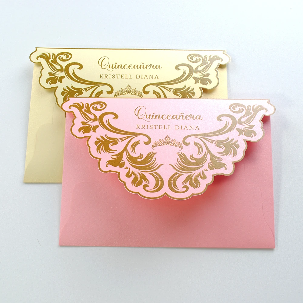 

Luxury Flower Wedding Invitation Card with Envelop, Custom Pink Gold Clear Acrylic Cards, Invitation Sample, 10Pcs