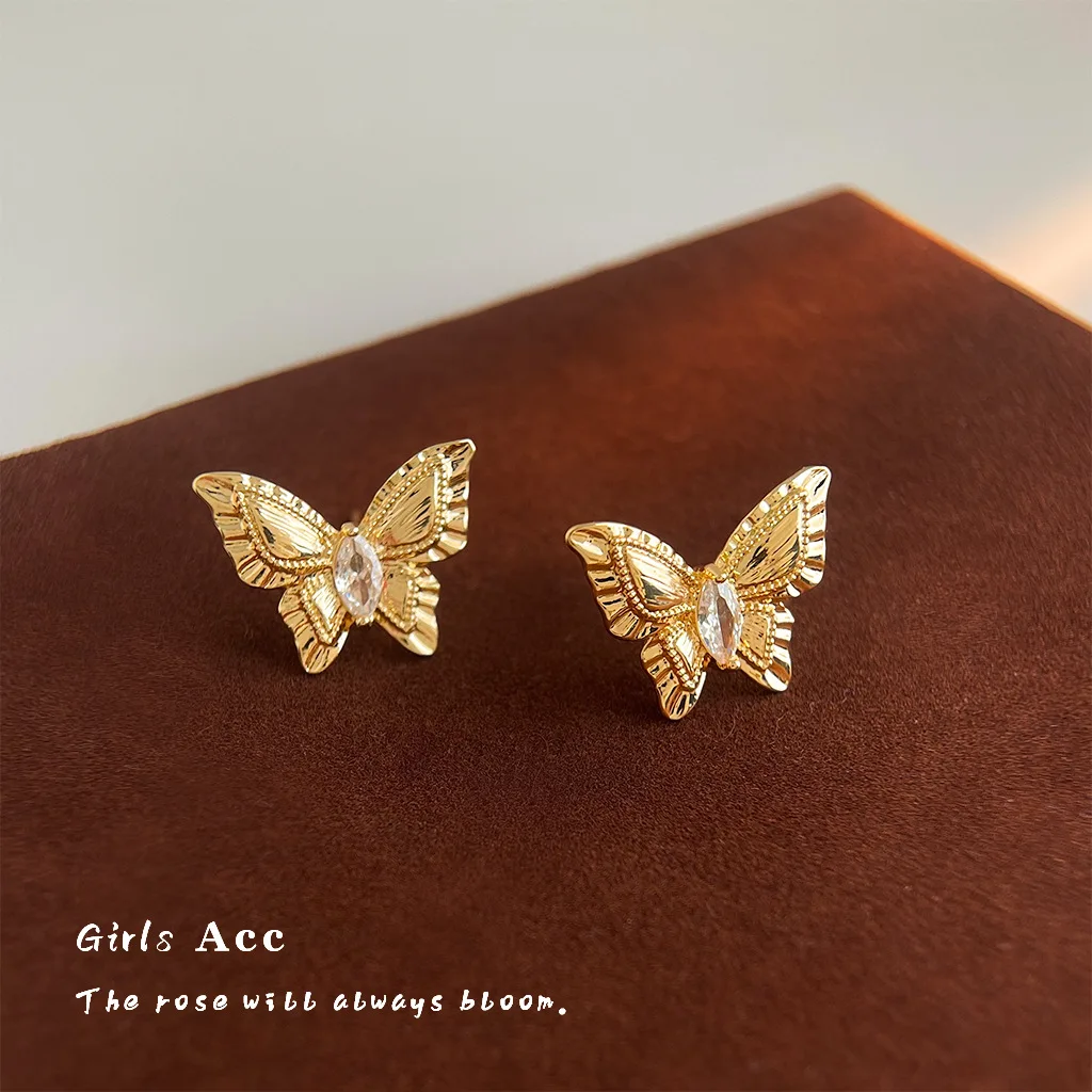 

Elegant Vintage Butterfly Earrings Silver Needle French Zircon Jewelry Women Fashion Commuting Brushed Texture Luxury Earrings