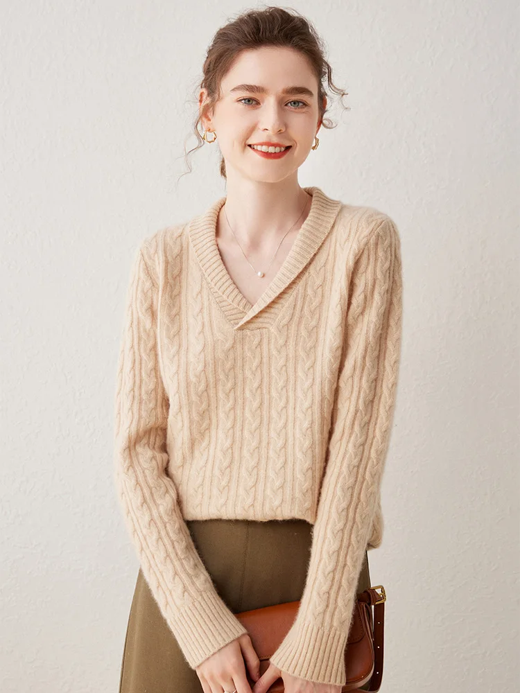 

ADDONEE Luxury Style Women 100% Cashmere Sweater Lapel V-Neck Pullover Autumn Winter Thick Warm Soft Cashmere Knitwear Tops