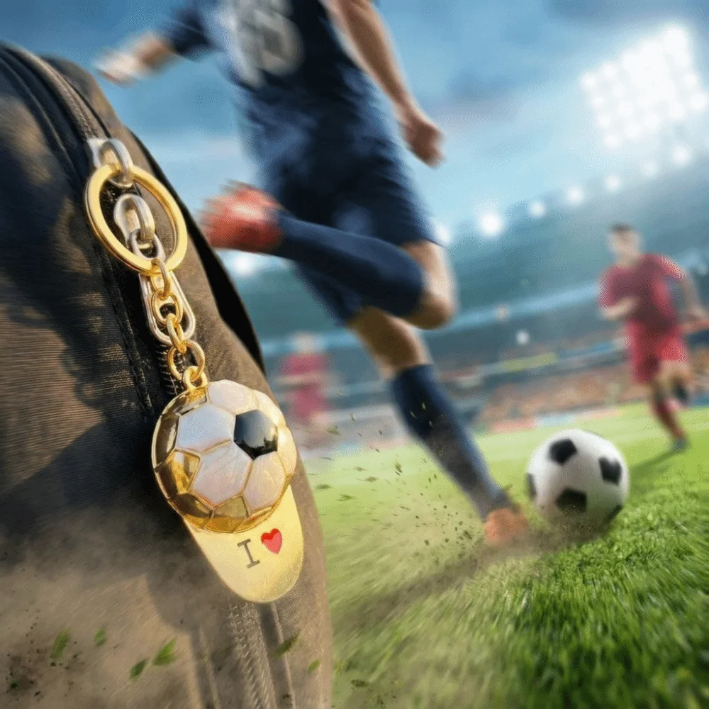 PVC Football Keychain Heart Printed Faux Golden Car Keyring Multi-Use Lightweight 3D Ball Shape Bag Charm Sports Event