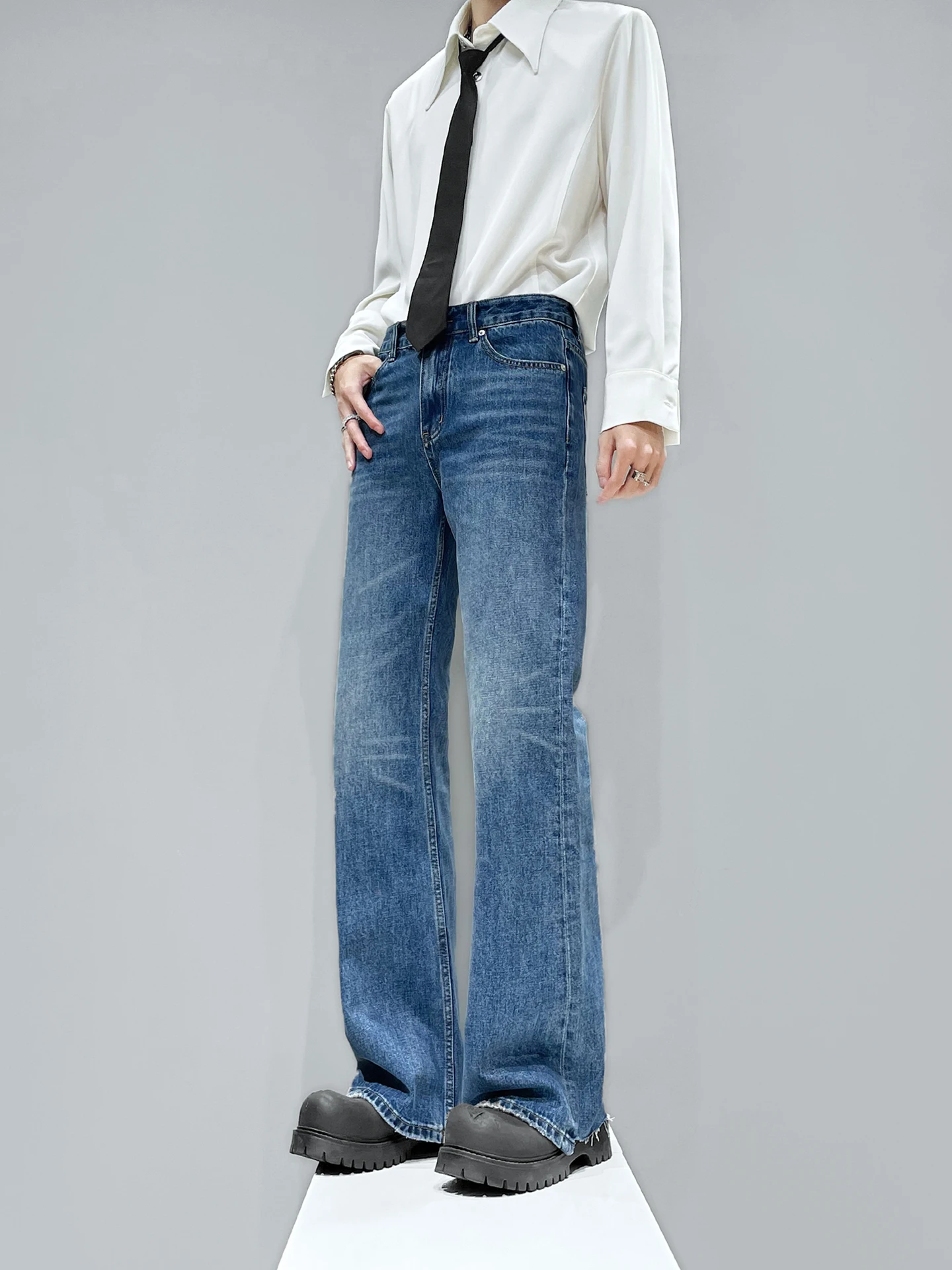 

Original Vintage Blue Hand Rubbed mid High Waist Slim Straight Leg Jeans Casual Long Pants for Men Autumn Faion