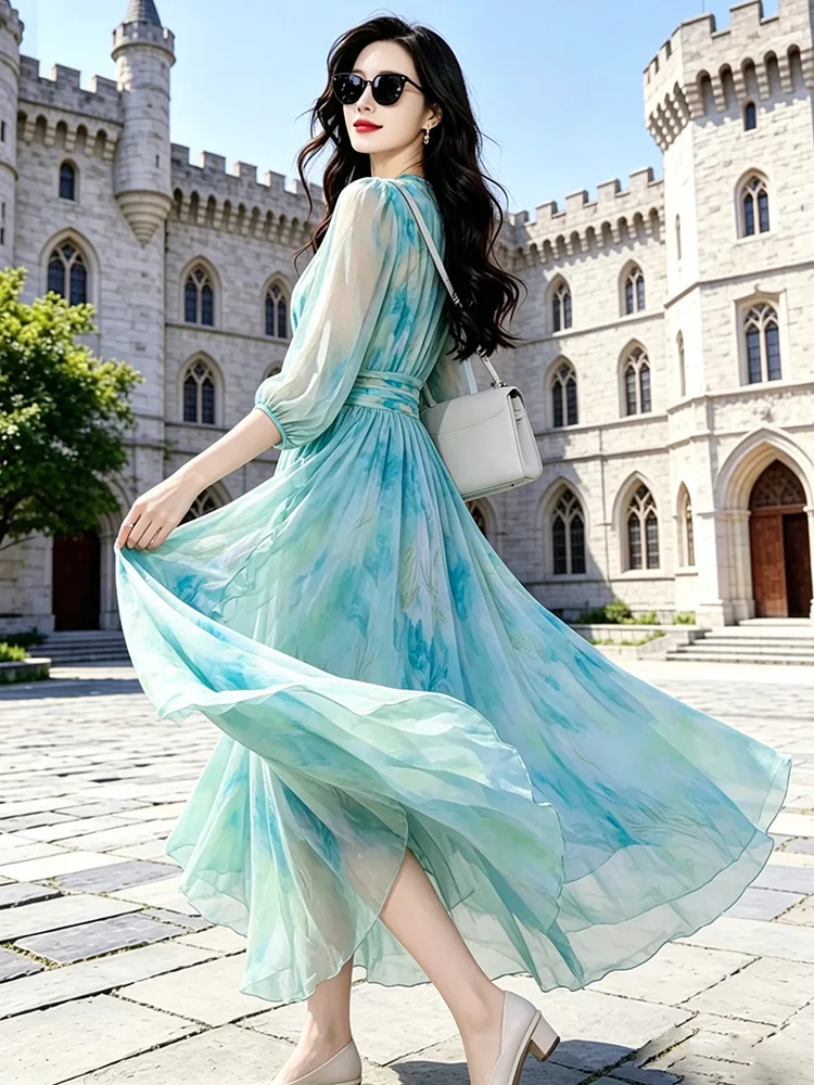 New Women Romantic Floral Long Dress Summer Fashion V-Neck High Waist Slim Print Dress Elegant Flowing Holiday A-Line Dress