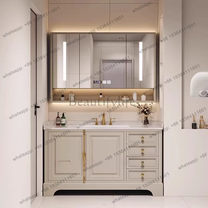 American cream wind rock slab bathroom cabinet combination oak floor cabinet customization