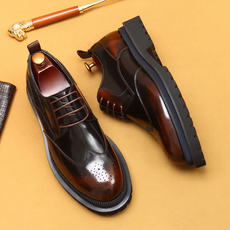 

【vipExclusive Supply】Thick-Soled Leather Shoes with Cowhide, British Style Carved Pattern, Shiny Brogue Bus