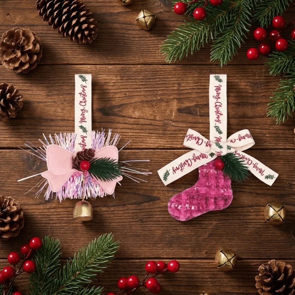 3D Christmas Bow Bell Pendant Sparkling Pinecone Xmas Tree Pendant Festival Rustic Christmas Jingle Bells Christmas Tree