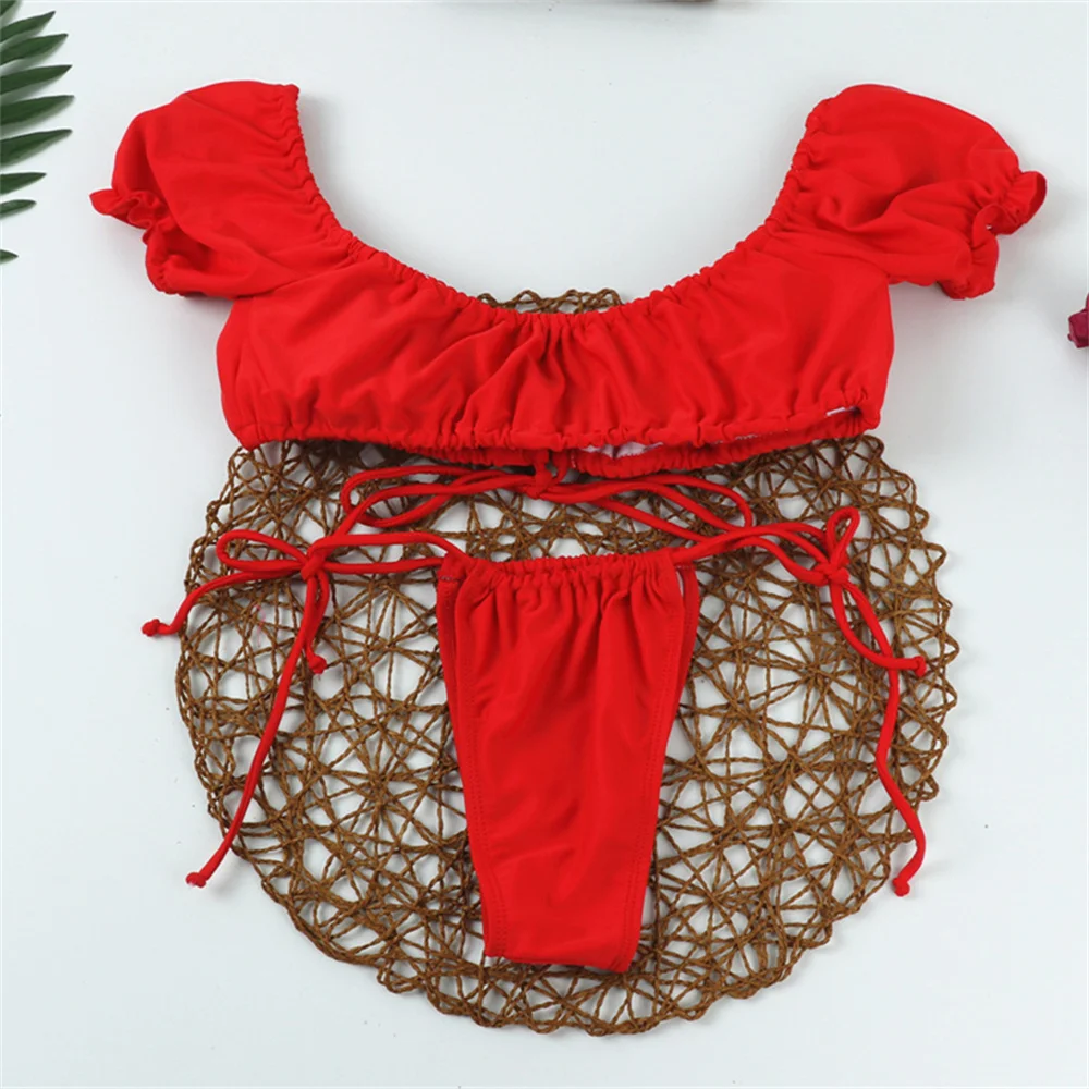 الأحمر Tankini ثونغ نفخة الأكمام بيكيني ملابس السباحة الدانتيل يصل عطلة ملابس النساء مثير مجموعة ثوب السباحة البرازيلي شاطئ الصيف الزي