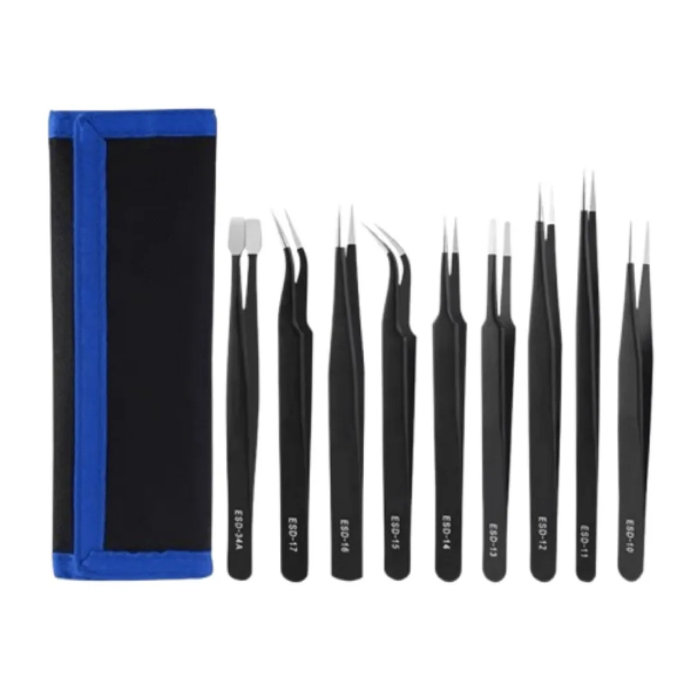 

9/10pcs Curved/Straight Design Precision Tweezers Set Durable Hand Tools Industrial Repair Tools Black with Storage Bag