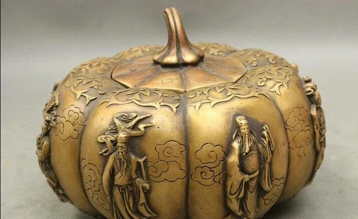 Folk Chinese Myth Taoism 8 Immortals Flowers Statue Pumpkin Form Box