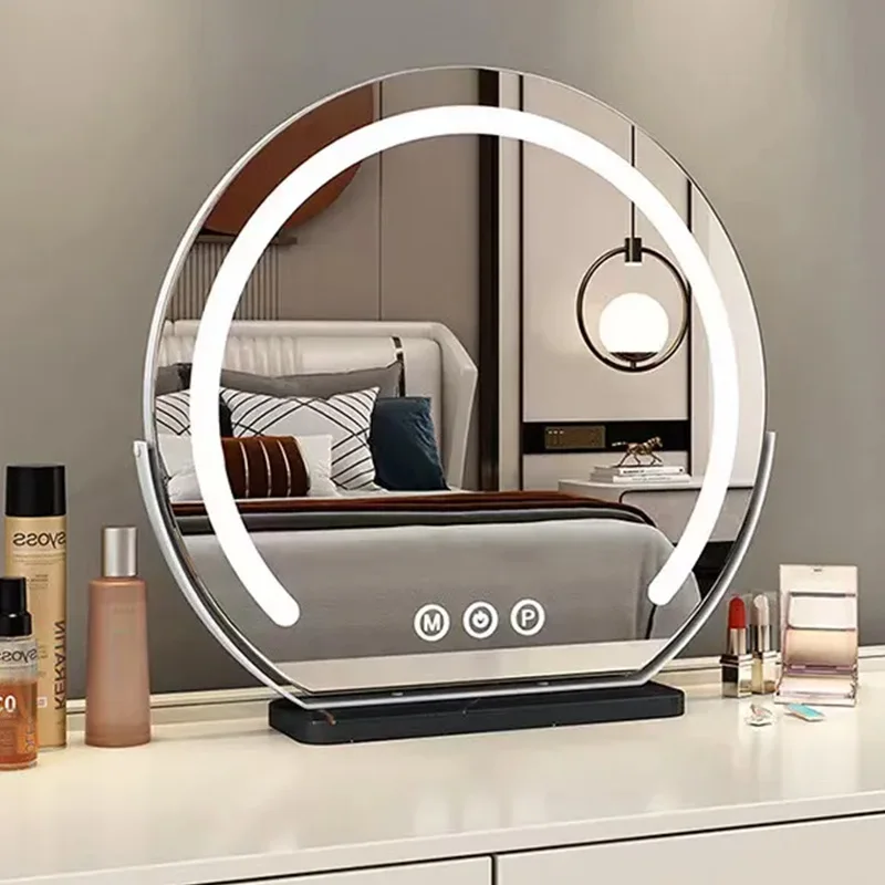 LED Half-Circular Lighted Makeup Mirror with Rotatable Touch Control, Smart Desktop Vanity Light