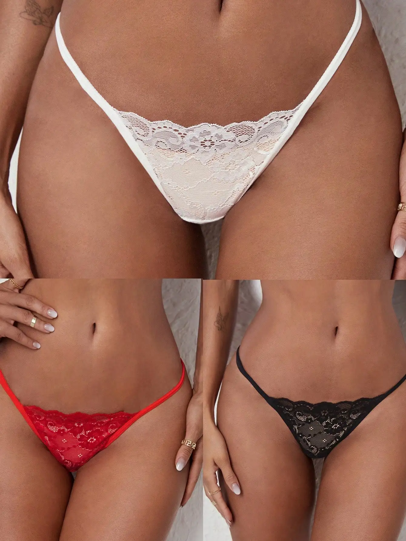 

3-Pack Floral Lace Thong Underwear for Women - White, Red, Black