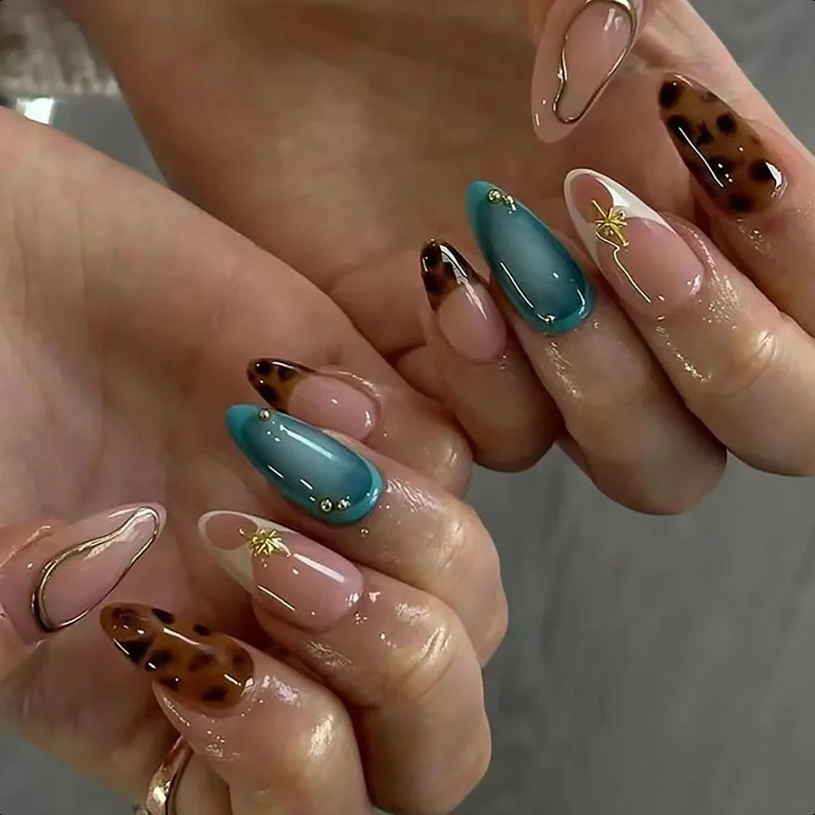 

French Tip Pr On Nails Medium Almond Fake Nails Acrylic Nails Pr Ons Full Cover False Nails With Gold Rhinestone Designs Brown